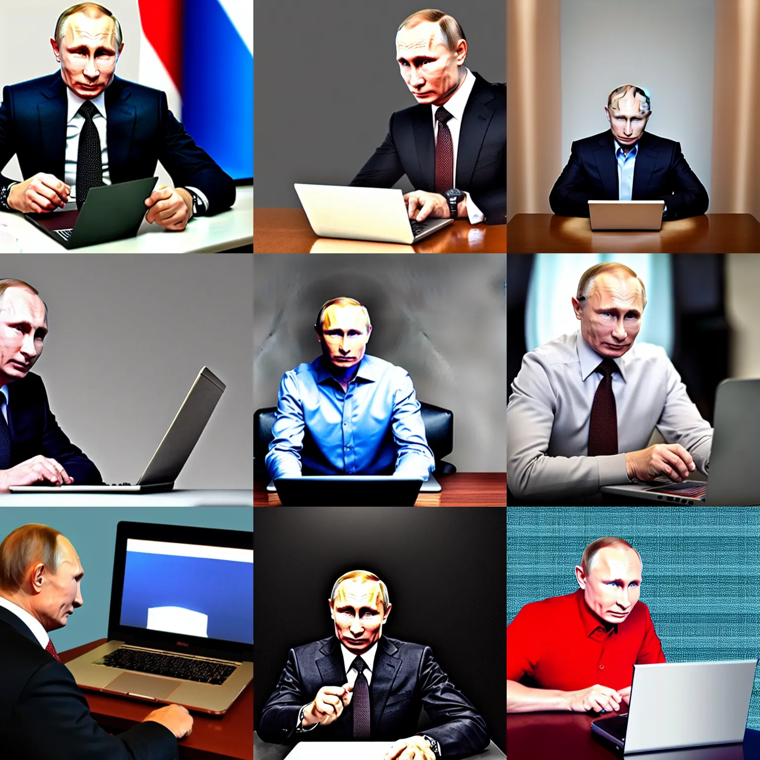 Prompt: photograph of putin using laptop, color, studio lighting