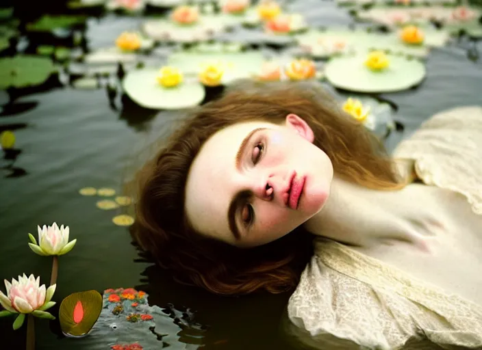 Prompt: Kodak Portra 400, 8K, soft light, volumetric lighting, highly detailed, brit marling style 3/4 ,view from above of close-up portrait photo of a beautiful woman how pre-Raphaelites painter, to float on one's back, part of the face is emerging of a pond with water lilies, she has a beautiful lace dress and hair are intricate with highly detailed realistic beautiful flowers , Realistic, Refined, Highly Detailed, natural outdoor soft pastel lighting colors scheme, outdoor fine art photography, Hyper realistic, photo realistic,warm lighting,