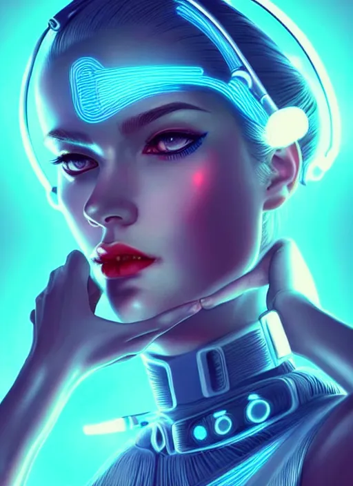 Image similar to portrait of female humanoid, intricate, retro 6 0 s cyberpunk high fashion, elegant, cyber neon lights, highly detailed, digital photography, trending in artstation, trending in pinterest, glamor pose, concept art, smooth, sharp focus, art by artgerm and greg rutkowski