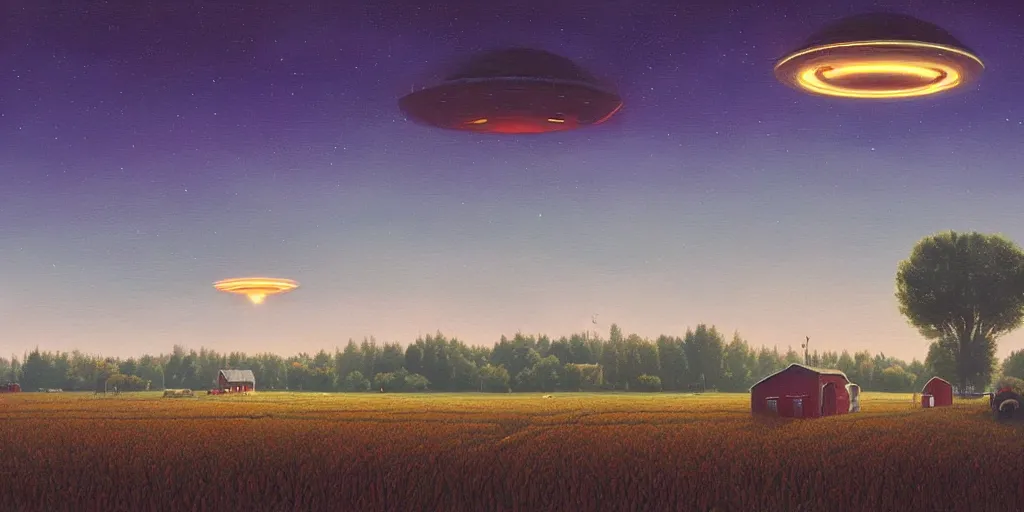 Image similar to ufo over a farm in rural america by simon stalenhag, painting, art station trending