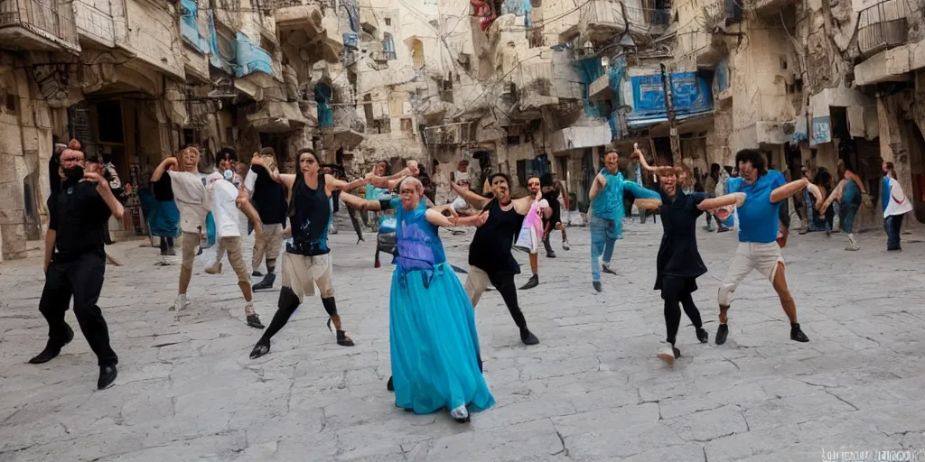 Prompt: dancing in the streets of futuristic jerusalem on shabbat. cinematic. beautiful. colorful. epic framing