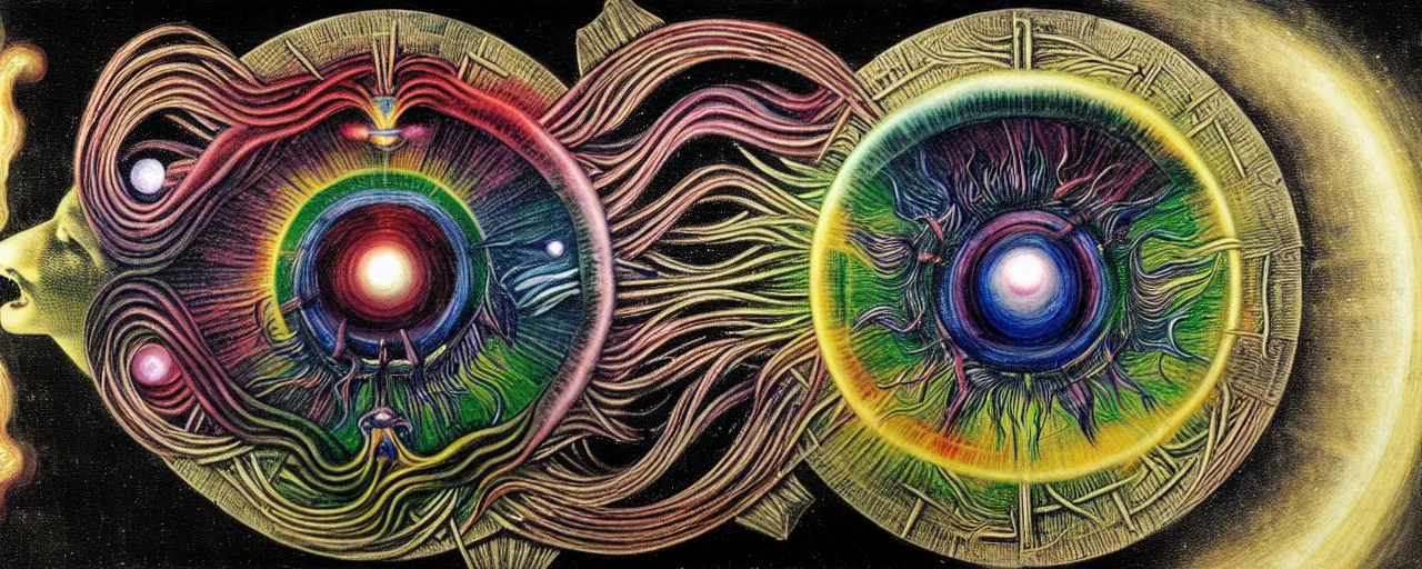 Image similar to a strange bifrost creature with endearing eyes radiates a unique canto'as above so below'while being ignited by the spirit of haeckel and robert fludd, breakthrough is iminent, glory be to the magic within, in honor of saturn, painted by ronny khalil