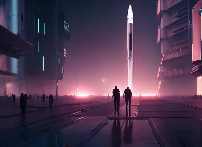 Prompt: blade runner 2 0 4 9 city architecture, spacex starship rocket launch, environmental lighting, stromy weather, ray tracing, people walking in street, amazing view, futuristic, highly detailed, editorial, dslr, 2 4 mm, octane render, unreal engine 5, artstation, 4 k