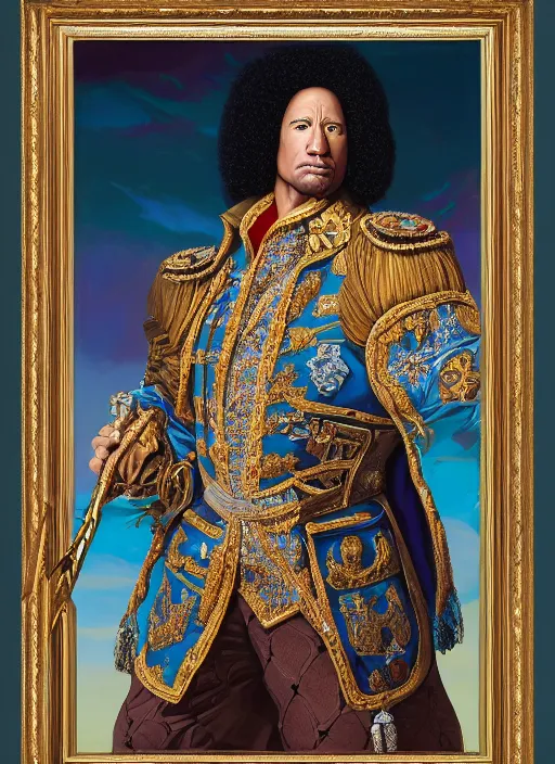 Image similar to beautiful oil painting, portrait of Dwayne the rock Johnson as Louis xiv in coronation robes 1701, Dan Mumford, Dan Mumford, Dan Mumford, Alex grey, Alex grey, lsd visuals, dmt fractal patterns, entheogen, psychedelic, hallucinogen, highly detailed, ornate, vaporwave