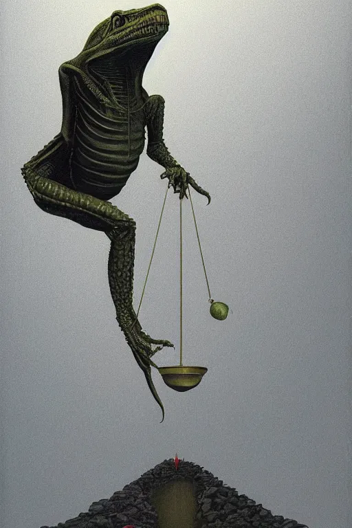 Image similar to reptilian alien hold a justice scales in the court on Mars dirty trash Edward Hopper and James Gilleard, Zdzislaw Beksisnski, higly detailed