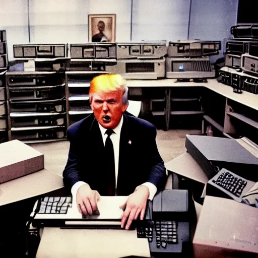Prompt: candid color photo of Donald Trump nervously sitting at an enormous bank of very complicated, 1970's looking computers trying to blend in to avoid the fbi officers searching for him