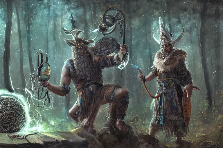 Prompt: mythological Viking Shaman of artificial intelligence creating an artificial neural network with synapses on an anvil, dark mystical forest in the background, high resolution, award winning art, trending on art station, sharp image, incredibly detailed, detailed character realistic painting,