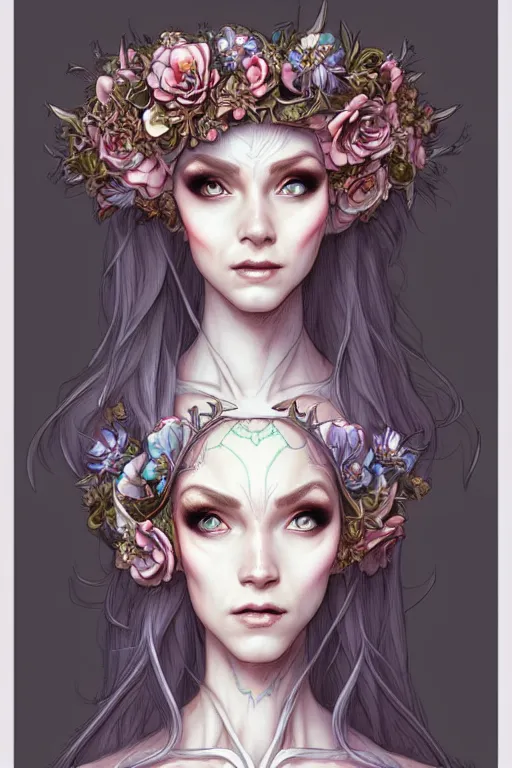 Image similar to digital art, centered elven bride, flower crown ,intricate, veins, by James Jean and by artgerm , ultradetailed, charachter design, concept art, trending on artstation,