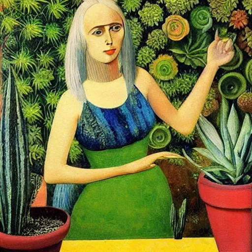 Image similar to painting by Max Ernst of a beautiful blonde woman with shoulder length hair in a forest green dress putting colorful succulents into rainbow pots at a square table