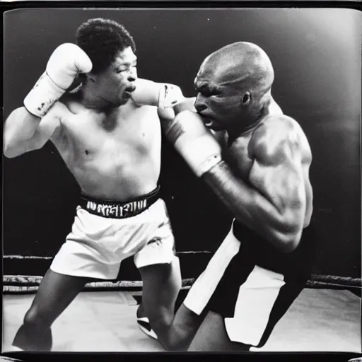 Image similar to polaroid image of mike tyson fighting a xenomorph in a boxing ring