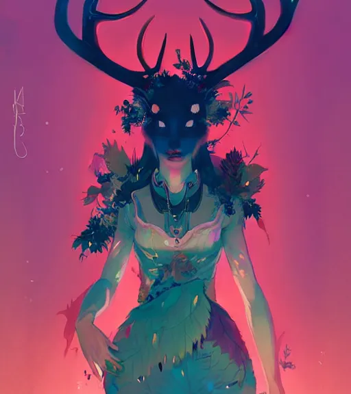 Image similar to portrait of a beautiful queen of the forest with antlers in complex and shiny dress made by leaf and flower, by ross tran and atey ghailan, by greg rutkowski, by greg tocchini, by james gilleard, by joe fenton, by kaethe butcher, dynamic lighting, grunge aesthetic