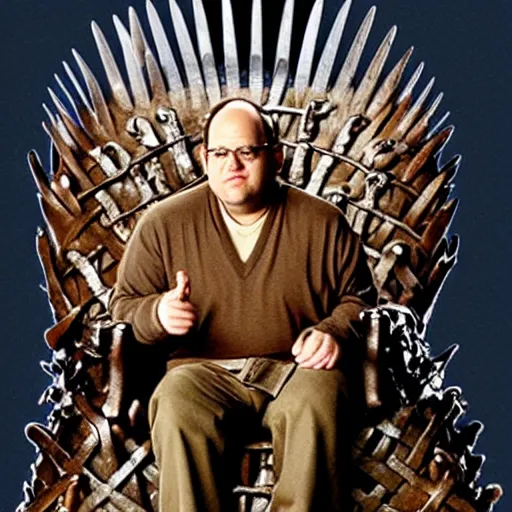 Prompt: George Costanza sitting on the iron throne from Game of Thrones