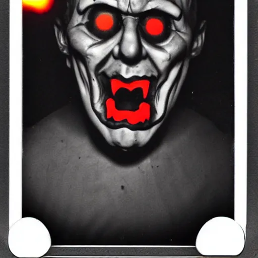 Prompt: sergey lavrov demonic evil horror jester face, lava cave glowing eyes, neon, polaroid black and white picture, 1 9 th century, scary horrifying satanic rituals, hell gate