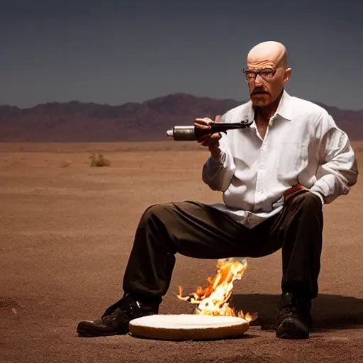 Image similar to a dramatic portrait of walter white making pizza with a blowtorch in the desert, in the style of Annie Leibovitz, Irving Penn, Hito Steyerl, Akira Kurosawa, Shinya Tsukamoto