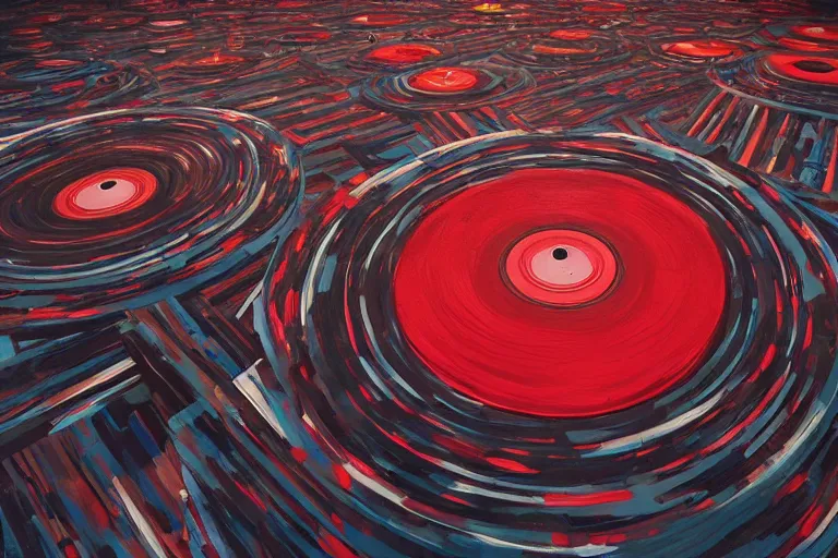 Image similar to an expressive painting of a floor of vinyl records, dark background, red rim light, digital art, artstation, concept art by giger stalenhag