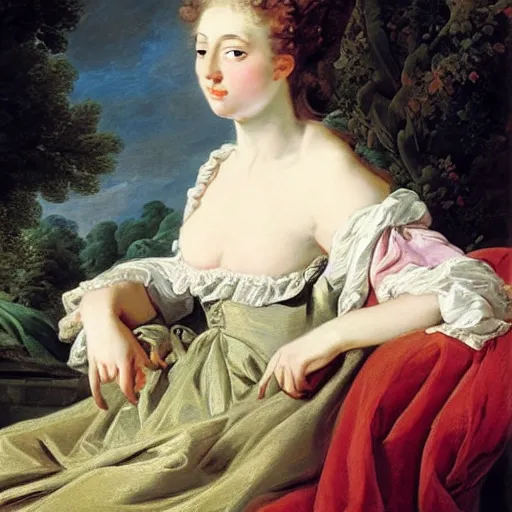 Prompt: portrait painting of a woman, bourgeoisie, high society, beautiful, elegant, shoulder - length, playful, by francois boucher, largilliere, elisabeth vigee le brun, rococo