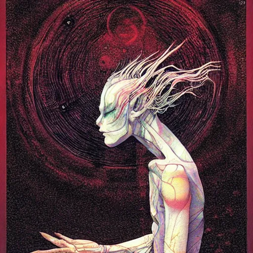 Image similar to simple concept art of an ancient alien floating in a dark room, an award winning yoshitaka amano digital art poster, by james gurney and gerhard richter. art by takato yamamoto. masterpiece, deep colours.