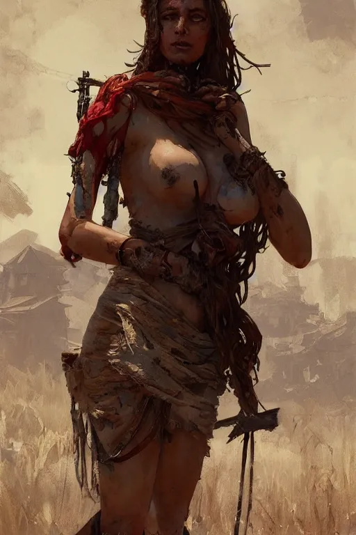 Image similar to a full body portrait of a beautiful post apocalyptic offworld butchers district bedouin blind pulp fiction scarlet wild rogue barbarian leper begging by the roadside, intricate, elegant, highly detailed, digital painting, artstation, concept art, smooth, sharp focus, illustration, art by krenz cushart and artem demura and alphonse mucha