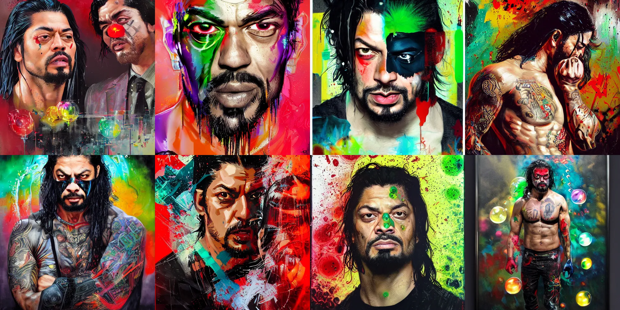 Prompt: drunk angry roman reigns, one green eye and one red eye, ( hallucinating colorful soap bubbles ), by jeremy mann, by sandra chevrier, by dave mckean and richard avedon and maciej kuciara, 8 0's, punk rock, high detailed, 8 k