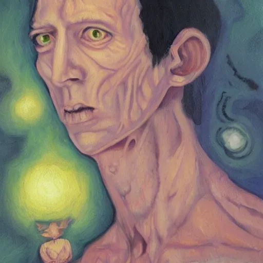 Image similar to an oil painting of an average person in a long dream by Lovecraft and junji into