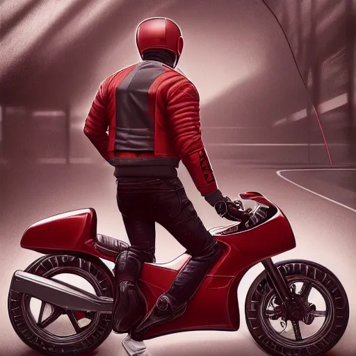 Prompt: isometric view of a man with a red jacket from behind. a red futuristic racing motorbike in front of the man. pencil drawing, panoramic view, wide angle, photo realistic, hyper realistic, dynamic lighting, cyberpunk, ultra detailed, sharp focus, digital illustration, concept art trending on artstation