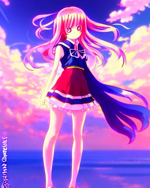 Image similar to anime style, vivid, expressive, full body, 4 k, painting, a cute magical girl with a long wavy hair wearing a sailor outfit, correct proportions, stunning, realistic light and shadow effects, neon lights, studio ghibly makoto shinkai yuji yamaguchi