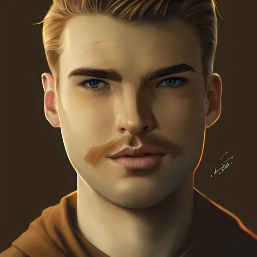 Image similar to tall slightly fat man in his twenties with brown blond short quiff hair and round facial structure with cleft chin, straight eyebrows, slightly smiling, cheekbones, wider face, shadow of beard, atmospheric lighting, painted, intricate, 4 k, highly detailed by charlie bowater