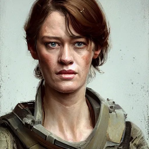 Image similar to portrait of a woman by greg rutkowski, she looks like mackenzie davis but old, impeccable military composure, wearing tactical gear of the galactic alliance, star wars expanded universe, she is about 6 0 years old, highly detailed portrait, digital painting, artstation, concept art, smooth, sharp foccus ilustration, artstation hq