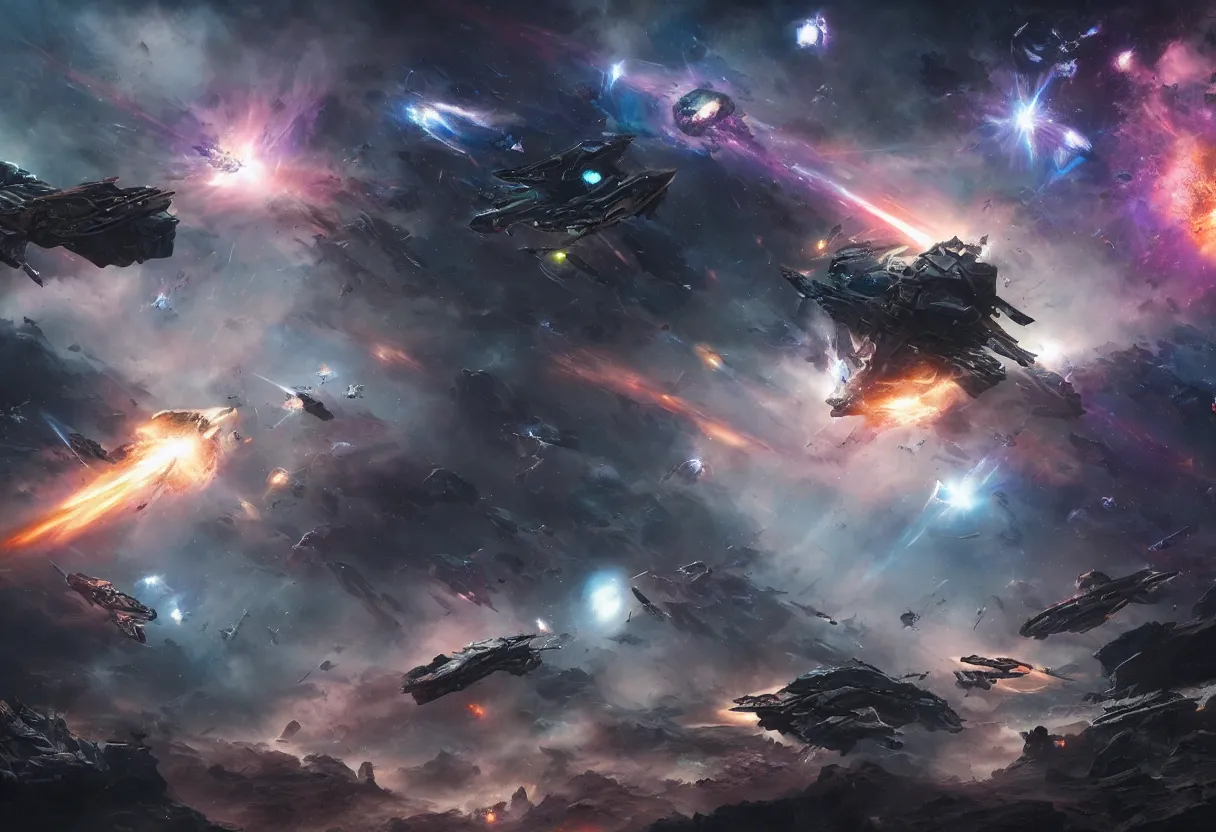 Prompt: epic space battle in distant galaxy, colorfully ominous background, hyper realism, matte painting, realistic, dramatic lighting, octane render, highly detailed, cinematic lighting, cinematic, art by rutkowski and frazetta and rembrandt