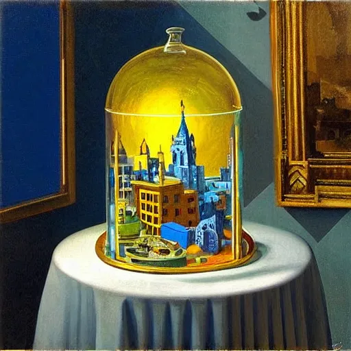 Prompt: still life painting of a miniature tabletop art deco city under a glass dome, by paulette tavormina and vermeer, cool color - scheme with blues and greens, hyper realistic, detailed, beautiful bright lighting