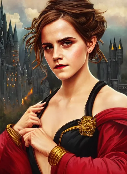 Image similar to oil painting of emma watson giving seductive look wearing black robes with red and gold lining. hogwarts in background beautiful detailed face. by artgerm and greg rutkowski and alphonse mucha