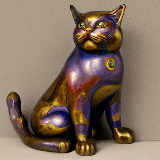 Image similar to masterpiece mechanical cloisonne cat sculpture, by annie swynnerton and diego rivera and nicholas roerich and jean delville and charlie bowater, spacecat, symbolist, dramatic lighting, god rays, art brut, rich colors, smooth sharp focus, extremely detailed, adolf wolfli and ( donato giancola and bilibin )