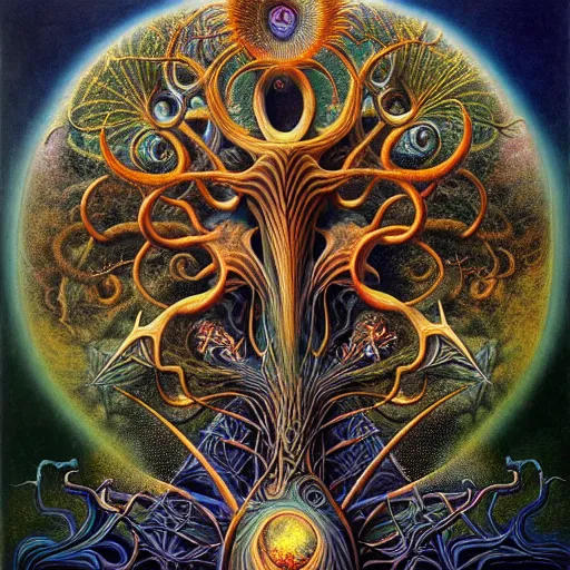 Image similar to divine chaos engine by roger dean and andrew ferez, tree of life, symbolist, visionary, detailed, realistic, surreality, art forms of nature by ernst haeckel, deep rich moody colors, botanical fractal structures