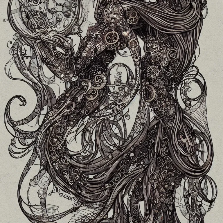 Prompt: ultra realistic illustration of mermaid cyborg steampunk art nouveau filgree scrollwork