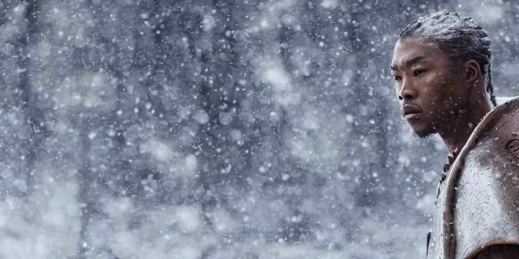 Image similar to a film still of a black man starring in a japanese blockbuster film as ancient samurai, snow falling, shallow depth of field, cinematic, award winning cgi, vfx, film still