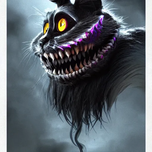 Image similar to The Cheshire Cat at the Dark Carnival, highly detailed, artstation, intricate, smooth, sharp focus, dark, horror, illustration, art by greg rutkowski and Yuumei, good clear quality, lighting, biology, symmetrical artwork, perfect face, 135 mm, cinematic, hyper realism, high detail, octane render, 8k, crimson highlights