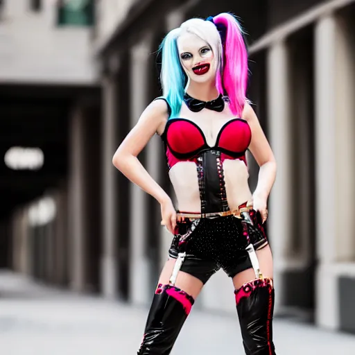 Prompt: Harley Quinn doing Victoria Secret, XF IQ4, f/1.4, ISO 200, 1/160s, 8K, RAW, unedited, symmetrical balance, in-frame