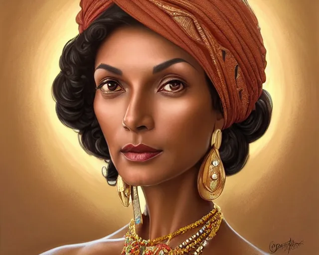 Prompt: mindblowing portrait of an elegant tan woman in her 5 0 s, ornate turban, brown eyes, ruby and gold jewelry, deep focus, symmetrical face, d & d, fantasy, intricate, elegant, highly detailed, digital painting, artstation, concept art, matte, sharp, illustration, hearthstone, art by artgerm and greg rutkowski and alphonse mucha