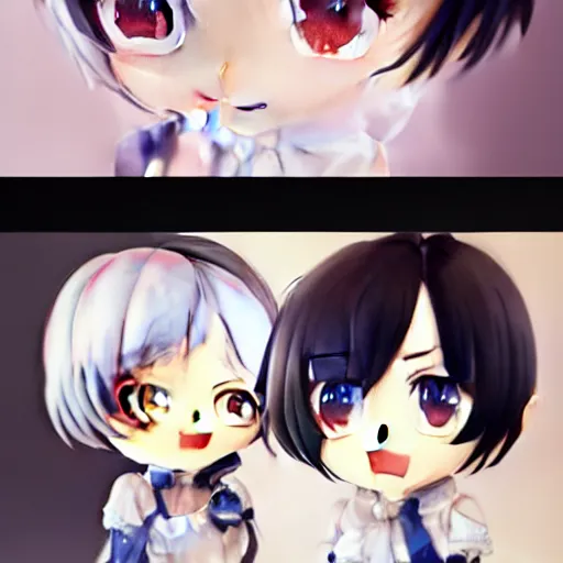 Prompt: collage of, portrait watercolor painting of nendoroid eyes kawaii chibi with black hair and hime cut by krenz cushart ilya kuvshinov pixiv key visual manga cover, artstation