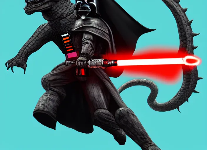 Image similar to cell shaded darth vader riding a dragon, vader is holding a lightsaber, the dragon is breathing fire, vivid, colorful, artstation