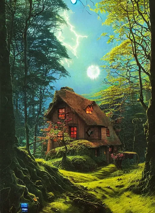 Image similar to hyper realistic witch cottage with solar panels with happy lighting and technology in the woods gorgeous lighting, sunbeams blue sky, lush forest foliage painting by zdzisław beksinski and norman rockwell and greg rutkowski weta studio, and lucasfilm