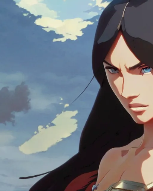 Image similar to azctec warrior, megan fox, high quality, detailed perfect face, exquisite details, fire magic, by studio muti, greg rutkowski makoto shinkai takashi takeuchi studio ghibli