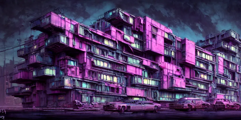 Image similar to concept art, octane render, a brooding, decrepit dystopian city, reflections, volumetric neon lighting, dramatic, cyan magenta white neon glow, 8 k, ultra - hd, insanely detailed and intricate, hypermaximalist, brutalist habitat 6 7, elegant, ornate, by gerald brom, by syd mead, akihiko yoshida, doug chiang, cinematic