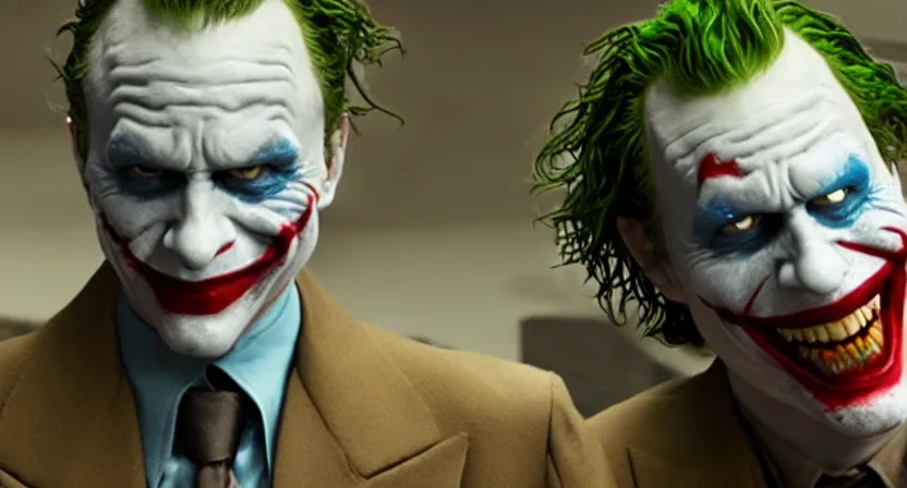 Prompt: pixar heath ledger joker villain 3 d movie screenshot