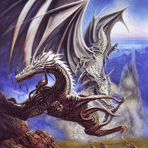 Prompt: a white dragon attacking a group of 5 adventures, dungeons and dragons, digital art, by John Howe and Alan Lee and Larry Elmore