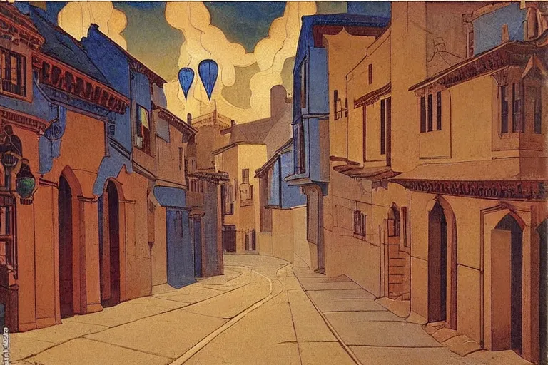 Image similar to winding street at midnight in a very old very beautiful city by George Price Boyce and Nicholas Roerich and William Dyce, glowing paper lanterns, strong dramatic cinematic lighting , ornate tiled architecture, lost civilizations, smooth, sharp focus, extremely detailed