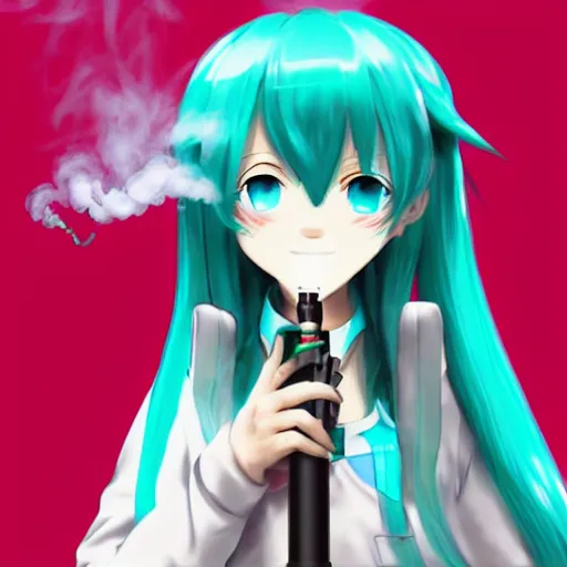 Image similar to hatsune miku smoking weed with a vape pen, smoke coming out of her mouth, bloodshot eyes, artstation, 4 k