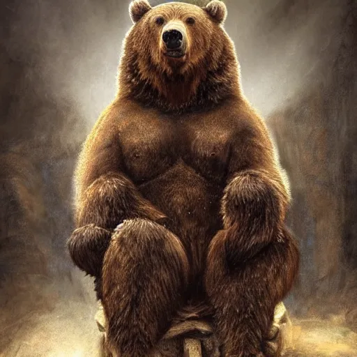 Prompt: a grizzly bear wearing roman empire armor sitting on a throne, rembrandt lighting, art station, digital art, highly detailed