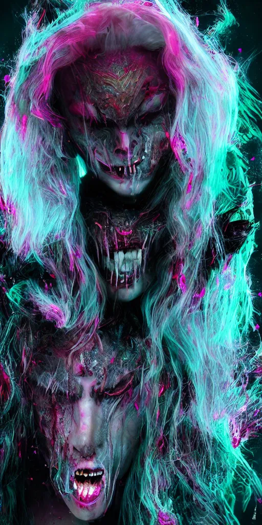 Image similar to impossibly beautiful vampire with large vampire fangs, full body, leather, intricate complexity, surreal horror, psychedelic glitch art, rainbow drip paint, trending on art station, photoreal, 8 k, octane render