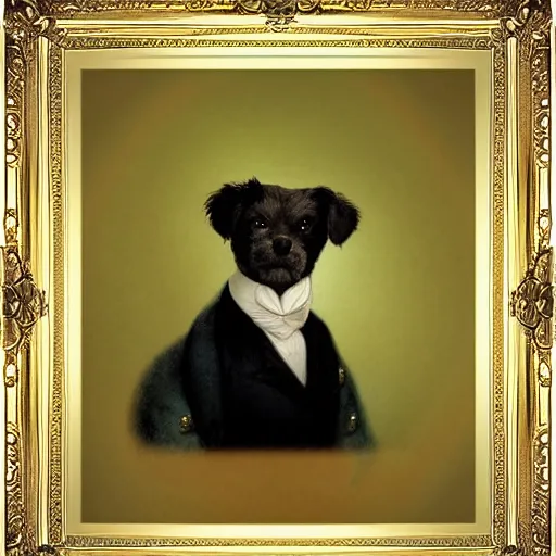 Prompt: president dog, gloppy eared fluffy little mutt, official Victorian painting, full body portrait, gold frame stylized